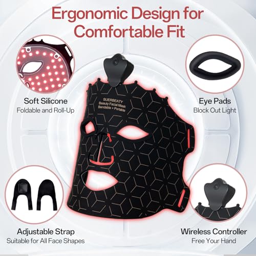 Red Light Mask - 7 Colors Red Light Mask for Face, Facial Skin Care at Home, Cordless, Ergonomic Design and Rechargeable for Home - Black