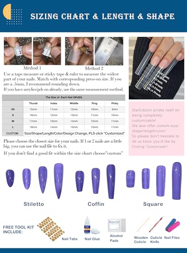HAND-PAINTED White False Nails Set Coffin Press on Nails Pressons Kit Medium Length Stick on Nails Shoot Nail Art Short Nails with Nail Glue on Nails Square, Long Almond Nail (K2, Small)