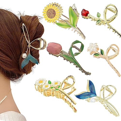 Flower Metal Hair Claw Clips 6 Pcs Cute Large Tulip Hair Claw NonSlip Hair Barrettes Strong Hold Hair Clamps Fashion Hair Accessories for Woman Girls with Long Thick Thin Curly Hair (B Style)