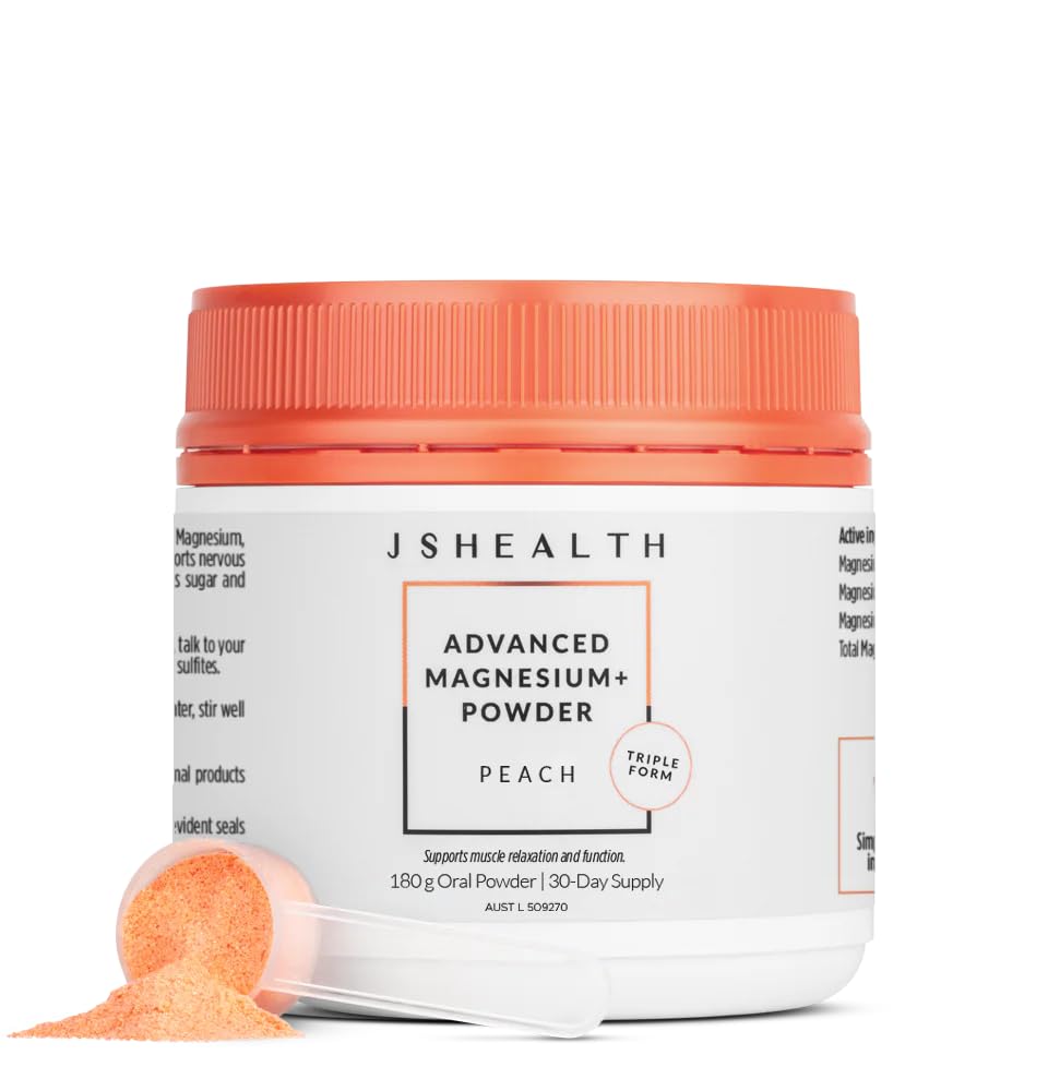 JSHealth Magnesium Powder for Sleep. 400mg Triple-Form Glycinate, Citrate, Amino Acid Chelate. Raspberry Lemonade. By Nutritionist Jessica Sepel (30 Servings) - Peach