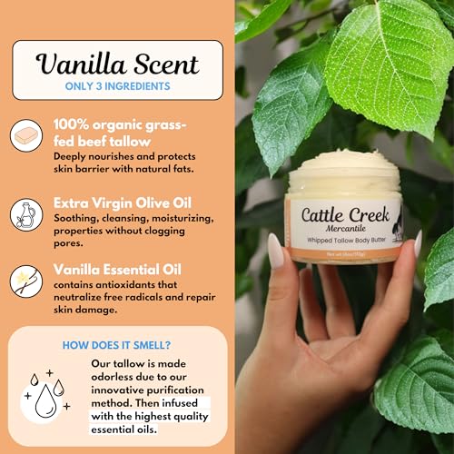 Whipped Tallow Body Butter by Cattle Creek - Deep Moisturizing, Skin Soothing & Repairing Cream for Dry, Sensitive Skin & Stretch Marks - All-Natural 100% Grass-Fed Tallow Skincare for Face, Body & Hands