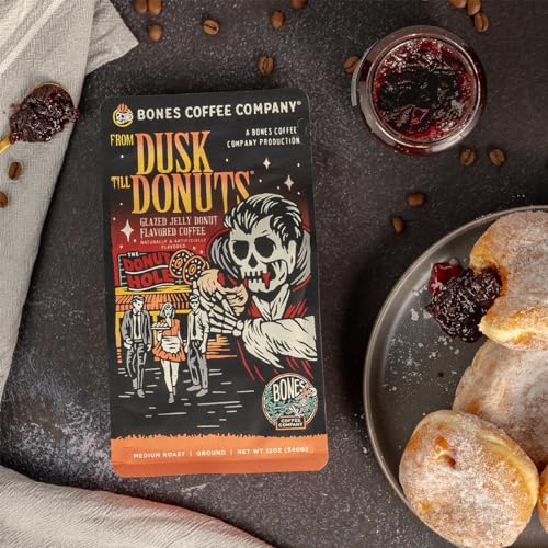 Bones Coffee Company From Dusk Till Donuts Flavored Coffee Beans, Whole Bean Coffee Medium Roast Low Acid, Jelly Donuts Flavor (12 oz)