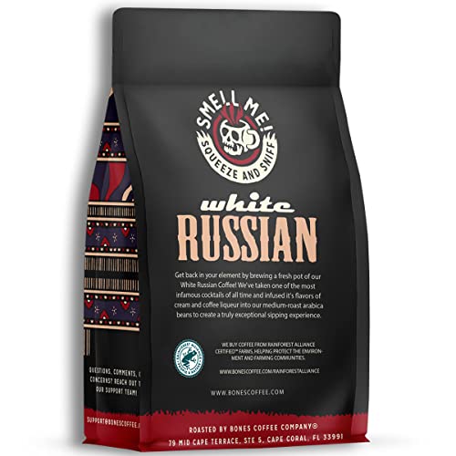Bones Coffee Company White Russian Flavored Beans, Whole Bean Coffee Medium Roast Low Acid, Cream and Coffee Liqueur Flavor (12 oz)