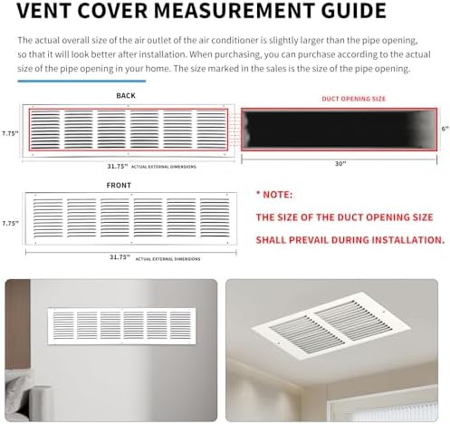 30x6 Return Air Grille(Duct Opening Size),Air Return Vent Cover,Flat Vent Cover,Rejillas De Aire Acondicionado para Casa,Return Air Grilles,Outer Dimensions:31.75"Wx7.75"H(30"W x 6"H, Duct Opening)