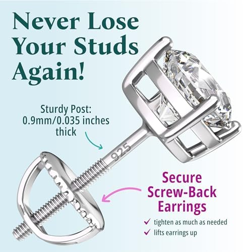 Moissanite Stud Earrings Screw Back - Moissanite Earrings for Women & Men, Lab Created Diamond Earrings, Lab Diamond Earrings, 925 Sterling Silver, D Color, VVS1 Clarity, Round, 0.6-3ct