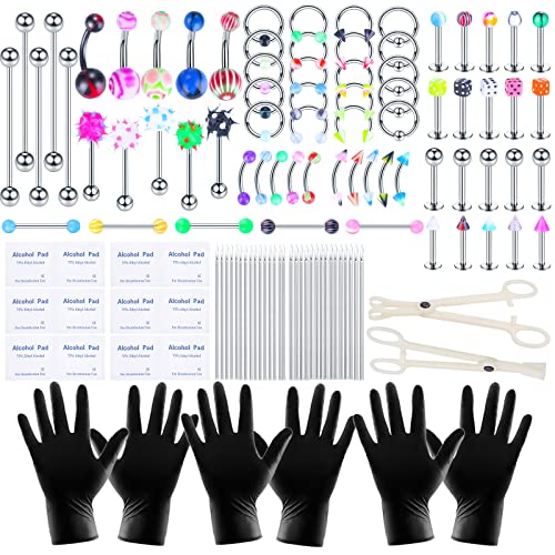 120PCS Body Piercing Kit Surgical Steel 14G 16G 20G BCR CBR Labret Lip Rings Cartilage Daith Earrings Nose Septum Nose Studs Belly Button Rings Piercing Jewelry Needles Gloves Clamps Tools
