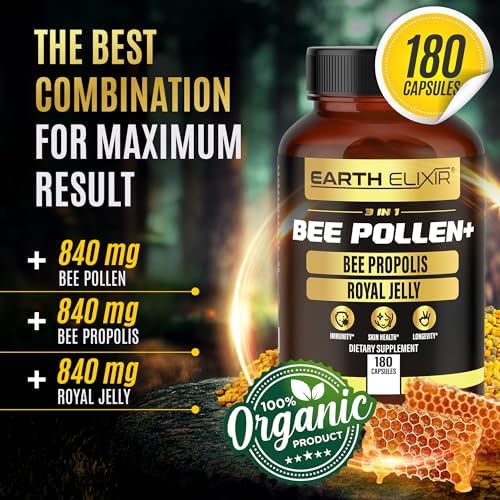 3-in-1 Bee Pollen Organic 840mg (180 Caps) W/ 840mg Bee Propolis Capsule & 840mg Royal Jelly Capsule - 3rd Party Tested - Bee Pollen Supplement - Organic Bee Pollen Capsule -No Fillers