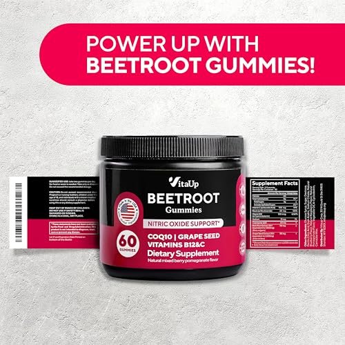 VitaUp Beet Root Gummies – Beetroot Supplement with CoQ10, Grape Seed, Vitamin C, B12 & B3 – Nitric Oxide Gummies for Circulation Support – Beet Supplement for Energy & Immune Support – 60 Beets Chews
