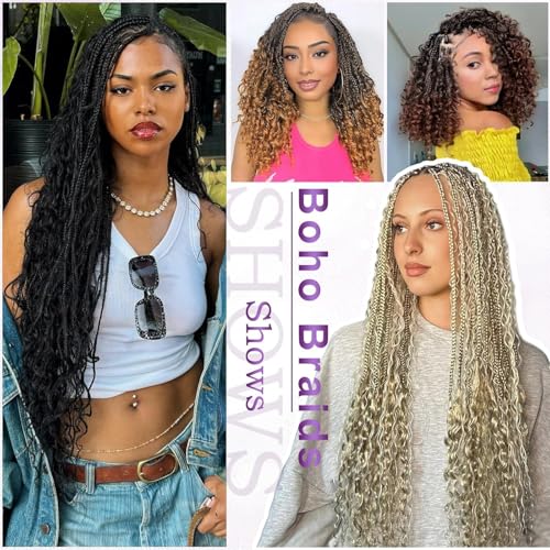 Goddess Box Braids Crochet Hair For Women-14 Inch 8 pack Pre Looped Boho Crochet Braids Short Prelooped Bohemian Boho Box Braids Crochet Hair With Curly Ends Ombre Crochet Braid Hair（14in,#1b/27）
