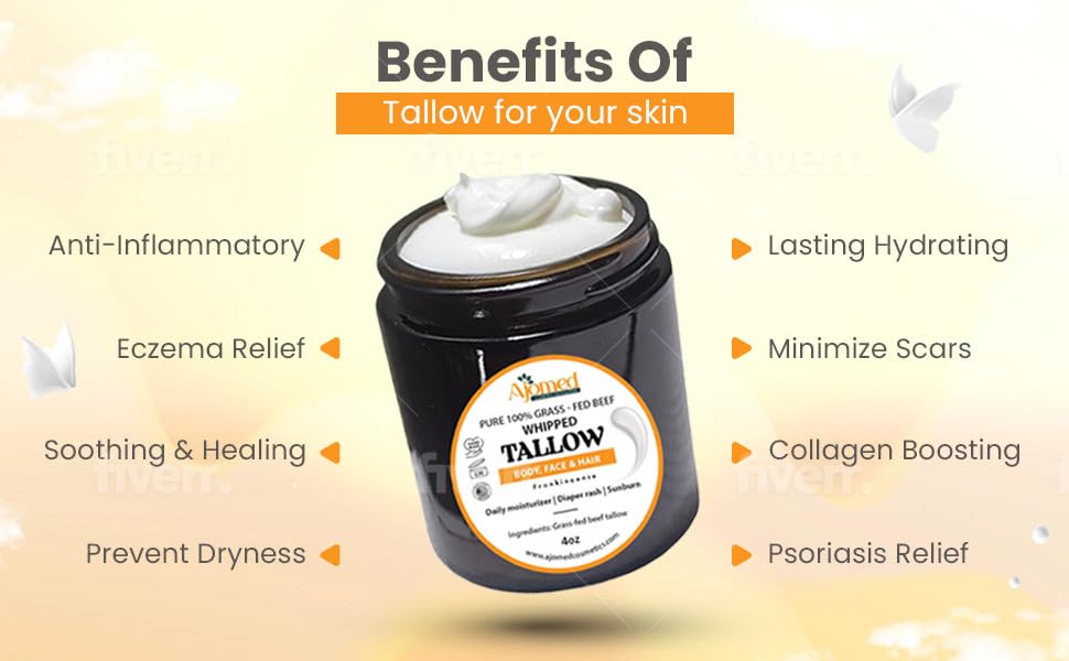 100% Pure Whipped Tallow Cream - Organic tallow skincare handmade grass fed beef tallow balm for skin Butter- tallow Face Body eczema| Tallow skincare cream-4 floz (UNSCENTED)