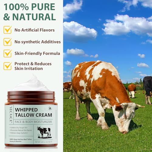 Beef Tallow for Skin - 4.2oz - Organic Grass Fed Beef Tallow and Honey Balm - Whipped Tallow Balm Deeply Moisturizing for Face & Body - Natural Skin Care