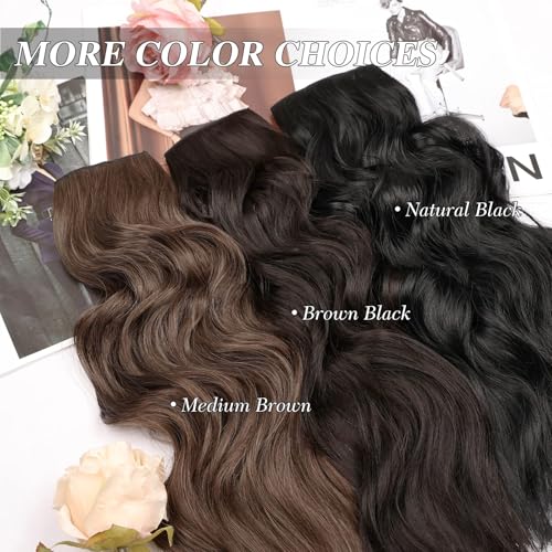 MORICA Halo Hair Extensions 20 Inch Medium Brown Invisible Wire Hair Extensions,Long Wavy Synthetic Hairpiece with Transparent Wire Adjustable Size, 4 Secure Clips for Women