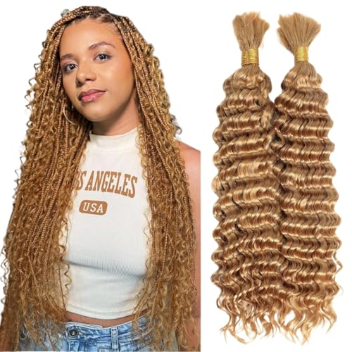 Human Braiding Hair Deep Wave Bulk Human Hair Braiding 100g/Pack 20 Inch Color 27# 10A Brazilian Virgin Human Hair No Weft Curly Braiding Extensions for Boho Braids (Color27#, 20inch,100g)