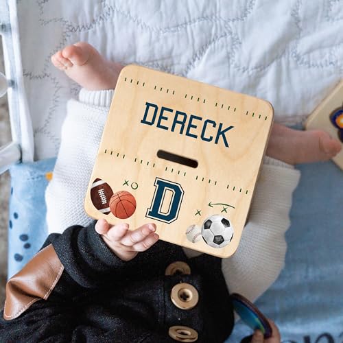 Wooden Piggy Bank for Kids and Adults, Personalized Gift Handmade in USA by BloomOwl, Custom Piggy Bank, Personalized Banks for Kids, Gifts for Baby Boys and Girls (Sports)