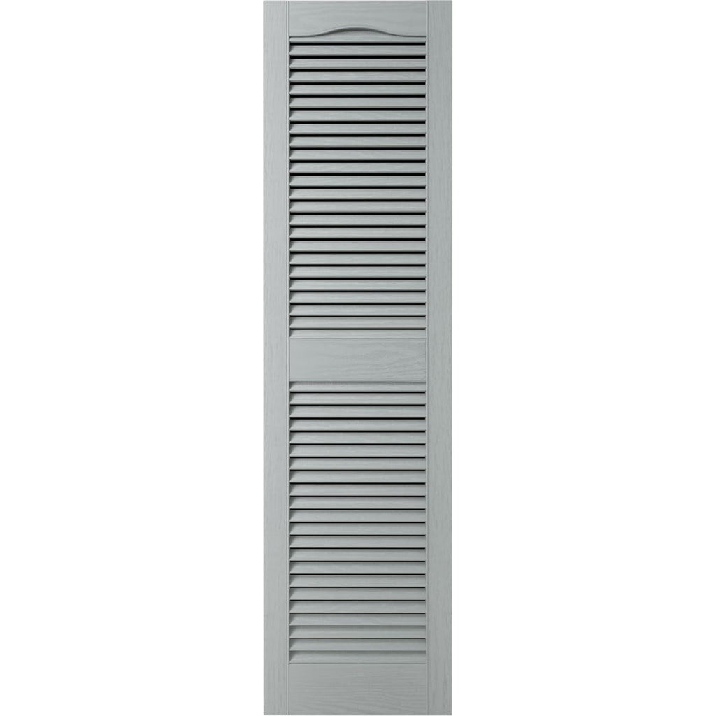 12"W x 25"H Lifetime Vinyl, Standard Cathedral Top Center Mullion, Open Louver Shutters, w/Installation Shutter-Lok's & Matching Screws (Per Pair), Platinum