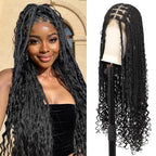 13x8 HD Lace Front Braided Wigs Knotless Boho Braided Wigs for Women Box Braid Wig With Baby Hair Human Hair Blended Long Braids Lace Front Wig 36 Inch Black