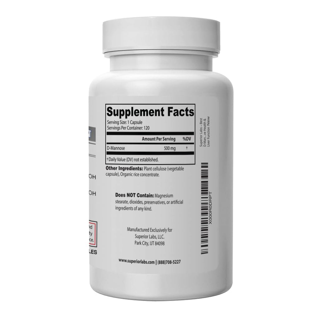 Superior Labs D-Mannose 500 mg, Pure Non-GMO Optimal Absorption Prebiotic, Urinary Tract, Bladder & Kidney UTI Support, Digestive & Liver Health Aid, IC Relief for Women & Men, 120 Veg Caps