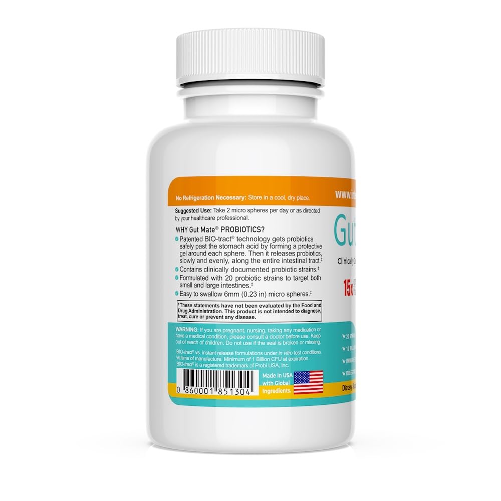 Gut Mate® Probiotics - Clinically documented Strains - 15x More Effective Than Standard Capsules- Patented BIO-Tract® Micro Pearls - Vegan, Vegetarian, Dairy-Free - Room Temp Stable
