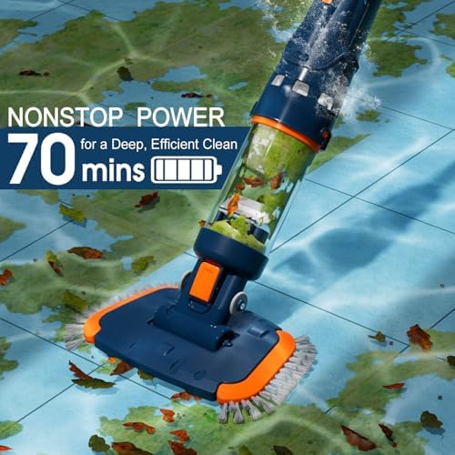 Handheld Rechargable Portable Pool Vacumm, Cordless Spa Cleaner -1h Run Time,High Capacity, Strong Suction,Angle Vac Head, Aluminum Pole,3 Fine Mesh Filter for Hot Tub, Above Ground & Inground Pool