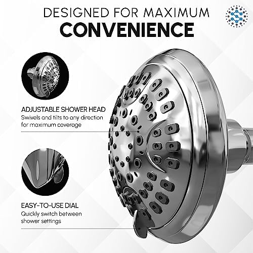 Luxury Spa Series Shower Head, 6 Spray Setting, 4.5 Inch Adjustable High Pressure Shower Head Fixture for Hard Water, 360-Degree Tilt Massage Shower System - Polished Chrome Shower Head