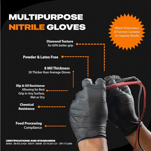 Herkules Grip Heavy Duty 8Mil Black Nitrile Gloves,3D Raised Diamond Texture-Latex & Powder-Free Industrial, Mechanic