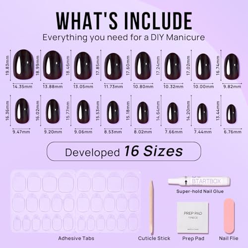 BTArtbox Press On Nails Short - Black Oval Press On Nails, Chrome Glazed Glue On Nails, Supremely Fit & Glossy Stick On Nails in 16 Sizes - 30 Fake Nails Kit, Magic Mirror