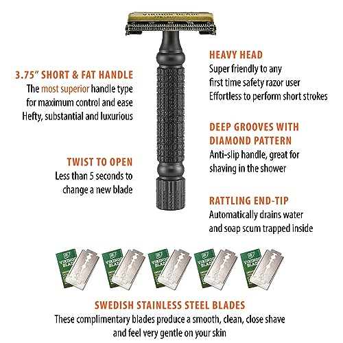 Double Edge Safety Razor by VIKINGS BLADE, Fat & Short Handle, Swedish Steel Blades Pack + Luxury Case. Twist to Open, Reduces Razor Burn, Smooth, Close, Clean Shave (Model: The Chieftain “5 BC”)