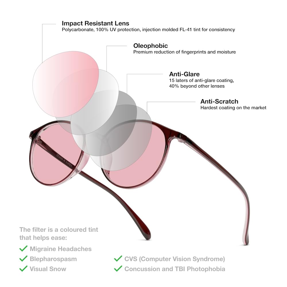 BRADDELL Indoor FL-41 Rose & Outdoor FL-60 Brown Tinted Migraine Light Sensitivity Glasses for Fluorescent LED Glare, Photophobia and Concussion (MEDIUM)