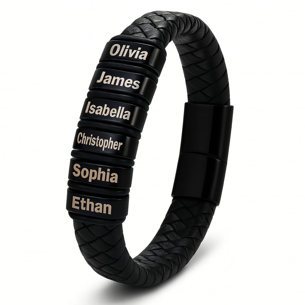 Tina&Co Personalized Men's Bracelet with 0–6 Name Beads – Black Braided Leather, Adjustable Sizes, Custom Gift for Dad, Husband, Son, Boyfriend