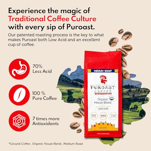 Puroast Low Acid Coffee Ground House Blend, Medium Roast, Certified Low Acid Coffee, 5.5+ pH, Gut Health, 2.2 LB, Higher Antioxidant, Smooth for Espresso, Iced Coffee