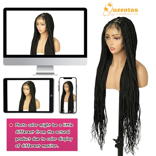 QUEENTAS 40" Lace Front Braided Wigs Box Boho Braids Wig for Black Women Faux Locs Wig with Baby Hair Natural Black Long Pre Braid Dreadlock wig