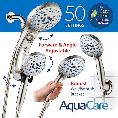 Hotel Spa AquaCare As-Seen-On-TV High Pressure Handheld/Rain 50-mode 3-way Shower Head Combo with Adjustable Arm - Anti-clog Nozzles, Tub & Pet Power Wash, 6 ft. Stainless Steel Hose, Nickel Finish