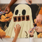 Playmats for Magic: The Gathering MTG Card Game Mat Plus 50 Pcs Card Sleeves, 24 x 14 inch TCG Mat with Stitched Edge for Commander Deck Duskmourn Board Game, White Ghost