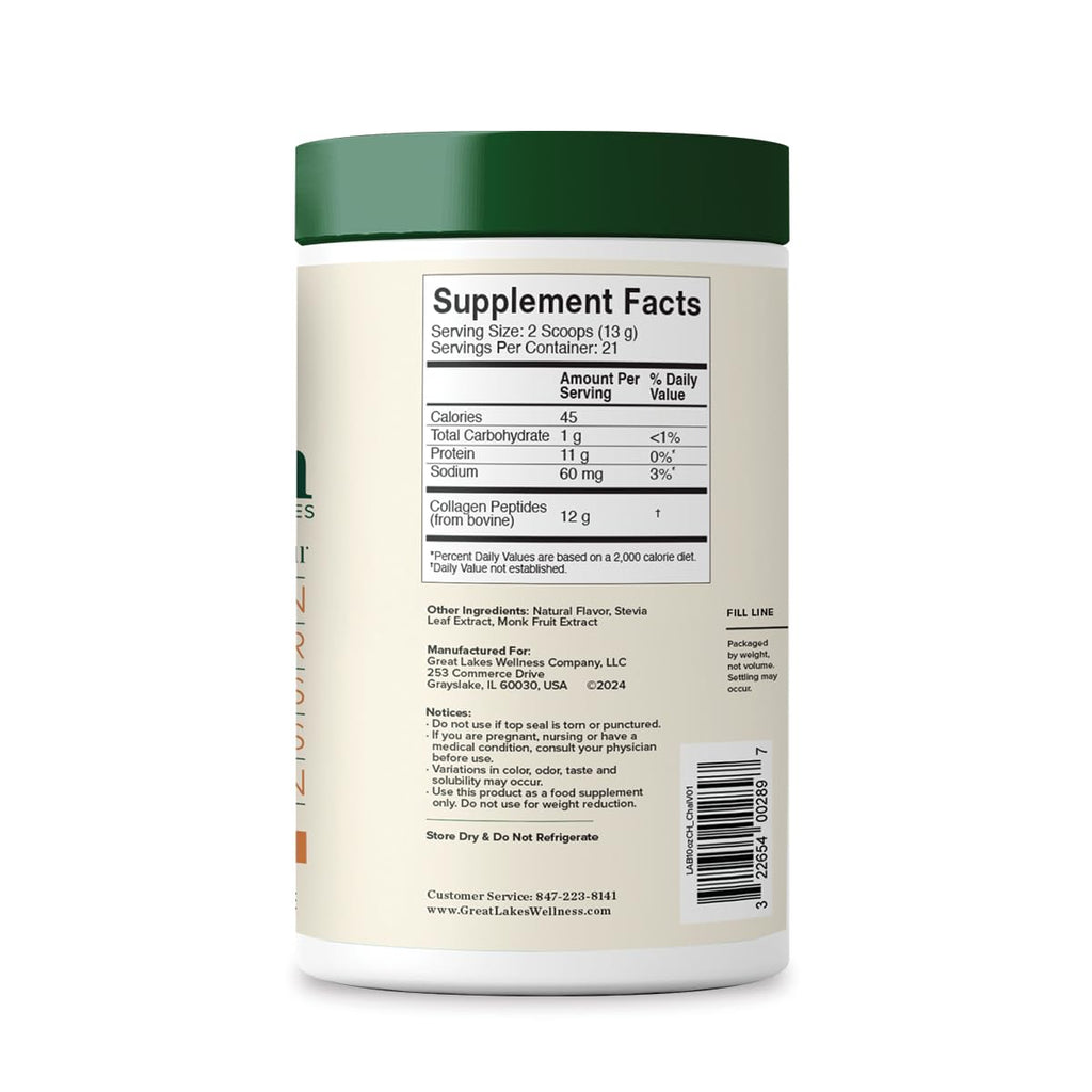Great Lakes Wellness Collagen Peptides Powder for Skin, Hair, Nails, Joints & Digestion - Chai Flavored - Quick Dissolve Hydrolyzed, Non-GMO, Kosher - 10 oz