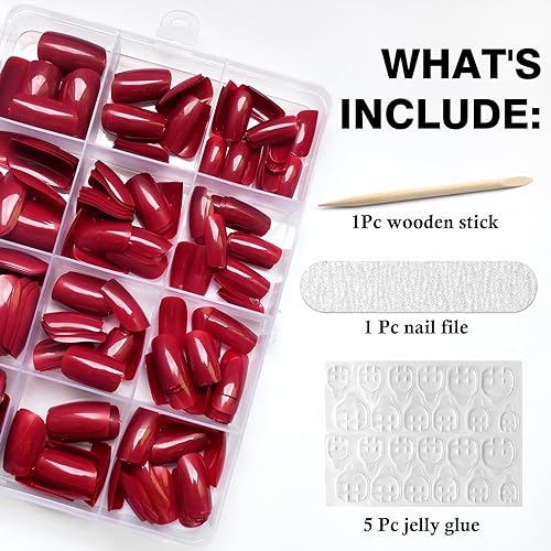 LoveOurHome 240pc Red Press on Nails Medium Square Fake Nails Press ons Square Nail Tips Red Acrylic Nails Christmas Glue on Nails False Artificial Fingernails with Glue Adhesive Tabs Women Girls