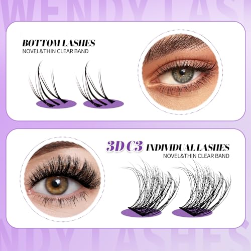 WENDY Lashes Clusters DIY Eyelash Extension Kit - 3D Effect C3 & Bottom Lashes with Bond and Seal Tweezers Cluster Eyelash Extensions Wispy Soft Individual Lashes, Suitable for Beginners, 10-16 MM