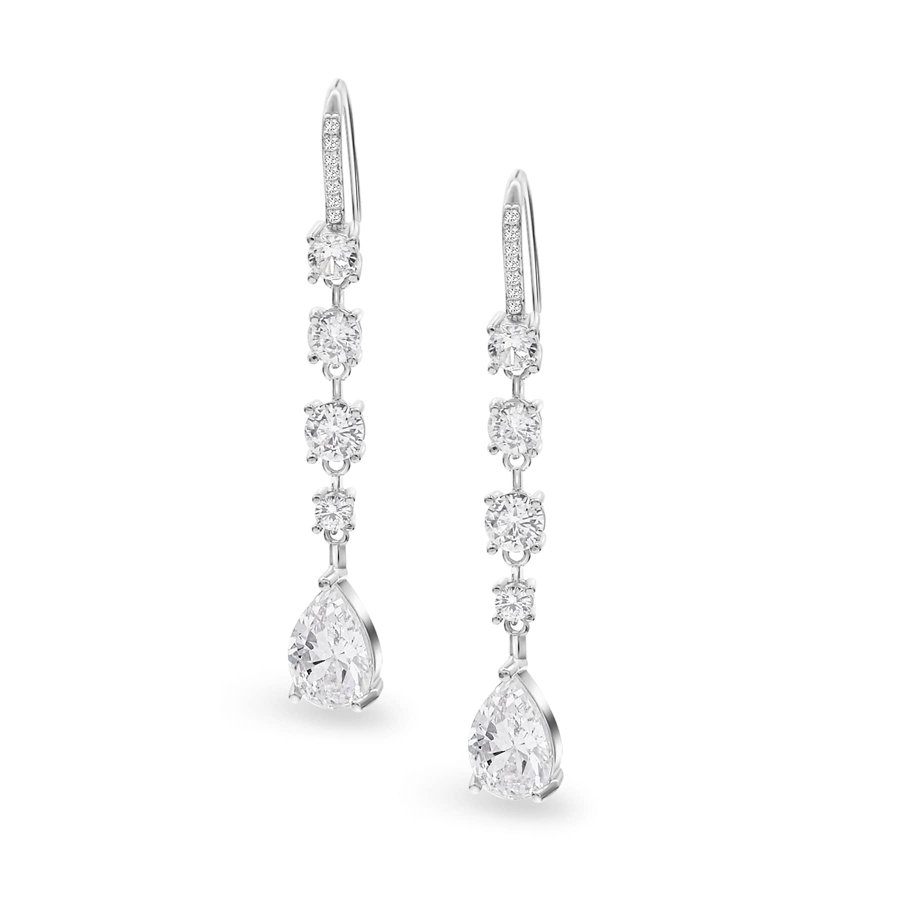 Silver Teardrop CZ Dangle Earrings Long Hook Bride Bridesmaid Wedding