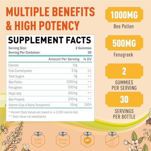 Bee Pollen 1000mg Sugar Free Gummies for Breast Growth, w/Fenugreek, Royal Jelly, Propolis, Organic Bee Pollen Supplement for Women, Rich in Vitamin E, Strengthen Immunity & Skin Care