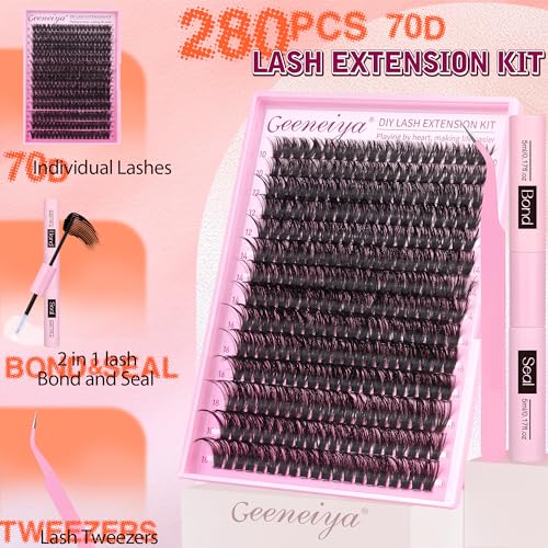 Geeneiya Full Lash Extension Kit 10-18MM Volume Eyelash Extension Kit D Curl Cluster Lashes Individual Eyelashes Kit with Waterproof Lash Bond and Seal, Lash Tweezers (10-18MM, 280Pcs, 70P)