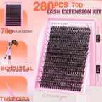 Geeneiya Full Lash Extension Kit 10-18MM Volume Eyelash Extension Kit D Curl Cluster Lashes Individual Eyelashes Kit with Waterproof Lash Bond and Seal, Lash Tweezers (10-18MM, 280Pcs, 70P)