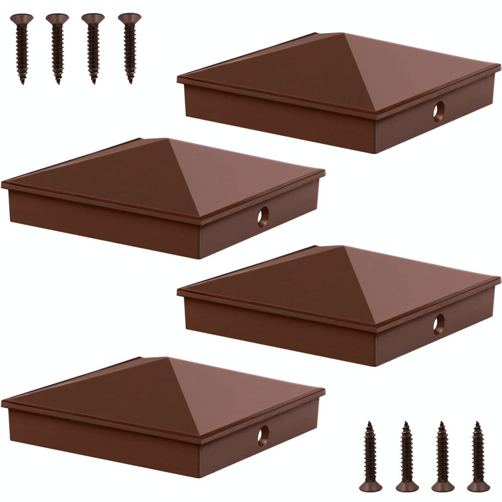 Azdele 4x4 Heavy Duty Aluminum Pyramid Post Caps Cover for 4x4 Nominal Wood Post(True 3.5" x 3.5"), with Matte Finish Powder Coated Surface, Fence Wood Post of Decks or Corridors, Brown, 4 Pack