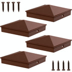 Azdele 4x4 Heavy Duty Aluminum Pyramid Post Caps Cover for 4x4 Nominal Wood Post(True 3.5" x 3.5"), with Matte Finish Powder Coated Surface, Fence Wood Post of Decks or Corridors, Brown, 4 Pack
