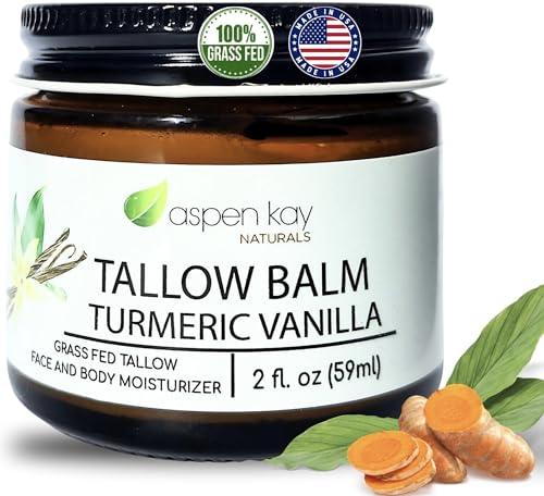 Aspen Kay Naturals Handmade 100% Grass Fed Beef Tallow Balm for Skin Care, Organic Turmeric Moisturizer + Vitamin C (Turmeric Vanilla) Organic Body Butter - 2 fl. oz. Made in USA