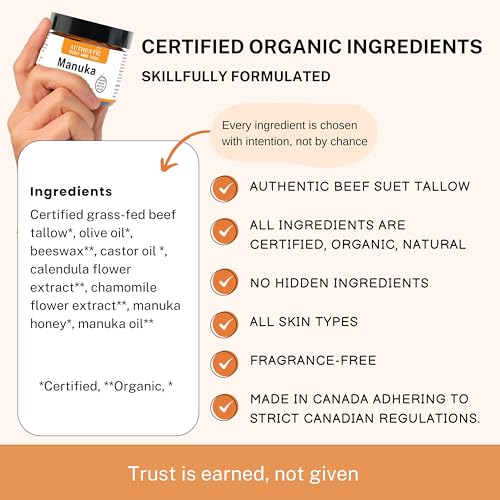 Organic Manuka Tallow Cream - Certified Grass-Fed Tallow with Manuka Honey Skin Cream. Helps Soothe the Effects of Sensitive Skin. For Women, Men or a Cream for All Ages as a Daily Moisturizer