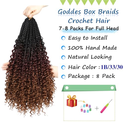 Goddess Box Braids Crochet Hair 8 Packs Pre-looped Boho Box Braiding Hair With Curly Ends Synthetic Braiding Hair Extensions for Women (1B/33/30, 18inch)