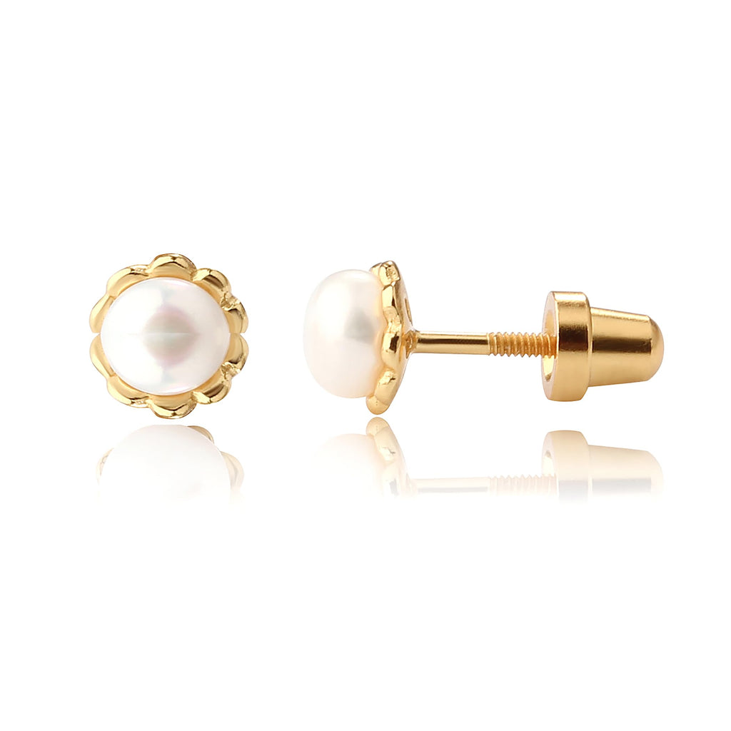 Cherished Moments Children's Pearl Scallop Earrings, 14K Gold-Plated