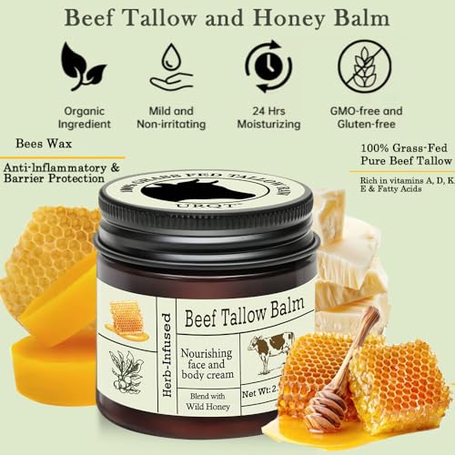 Beef Tallow For Skin, Beef Tallow and Honey Balm Face Moisturizer, Organic Grass Fed Tallow Deeply Nourishing for Face & Body - Whipped Beef Tallow Skin Balm, Moisturizing Skin Care Cream for Dry Skin
