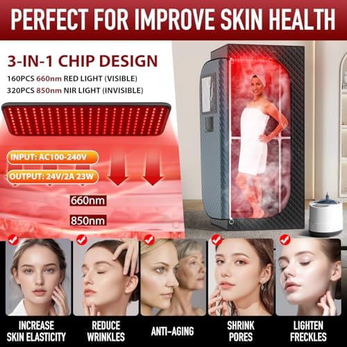 Portable Infrared Steam Sauna with 660nm Red Light Therapy& 850nm Infrared Light Device, 3L 1300W Steamer, Folding Chair, Full Body Personal Sauna Box Sauna Tent for Home Sauna