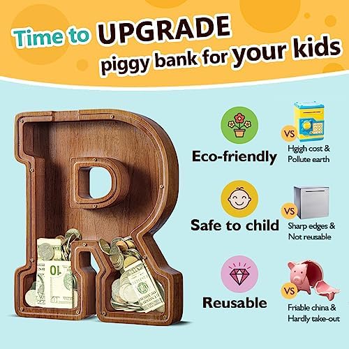 Summidate Customized Name Extra Large Wooden Piggy Bank for Kids Boys Girls Alphabets Letter A-Z Coins Bills Money Change Saving Box Clear Cover (Laser Engraved) Educational Toys 12"- Letter R