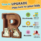 Summidate Customized Name Extra Large Wooden Piggy Bank for Kids Boys Girls Alphabets Letter A-Z Coins Bills Money Change Saving Box Clear Cover (Laser Engraved) Educational Toys 12"- Letter R